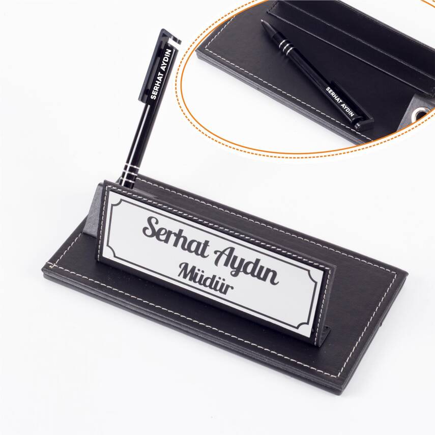 İsme Özel Kalemli Deri Ofis Masaüstü İsimlik Hediye Masa İsimliği - 1