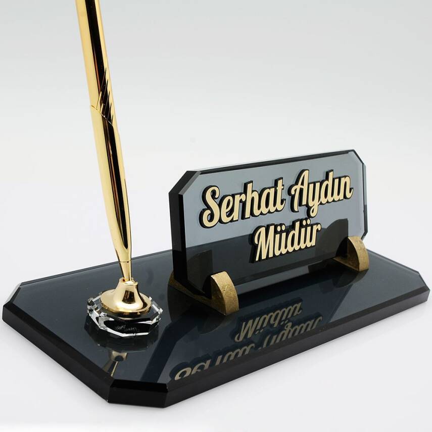 Kabartma Kristal Masa İsimliği Kalemli Dikdörtgen Füme Kristal Cam Ofis Masa İsimlik - 2