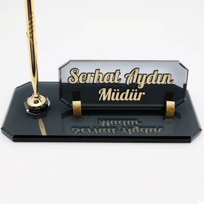 Kabartma Kristal Masa İsimliği Kalemli Dikdörtgen Füme Kristal Cam Ofis Masa İsimlik - 3