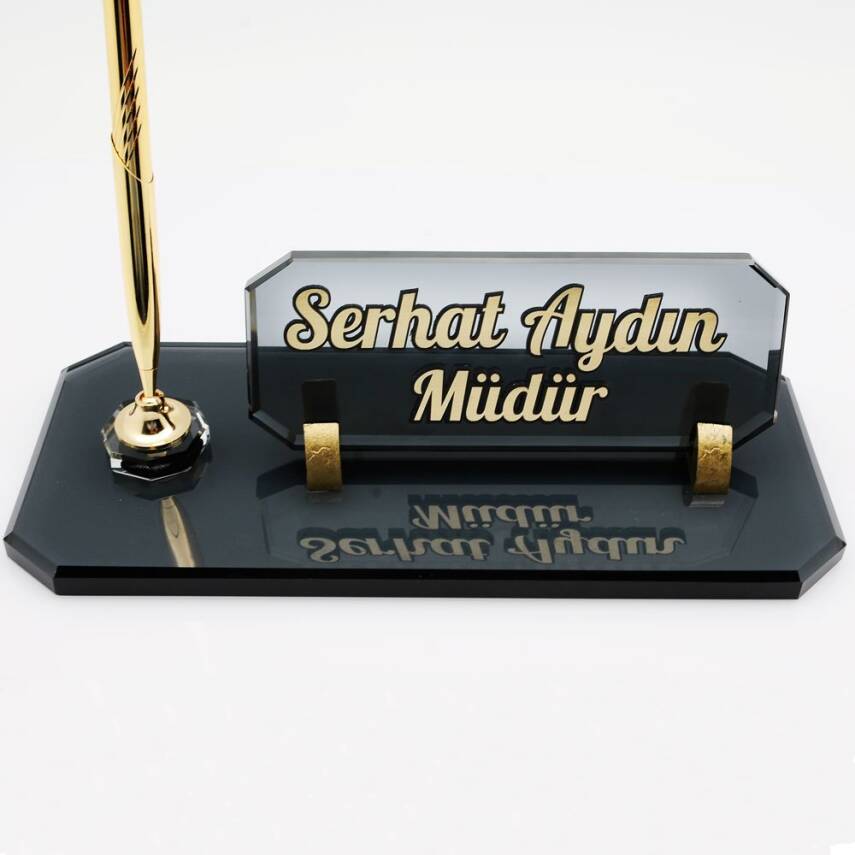 Kabartma Kristal Masa İsimliği Kalemli Dikdörtgen Füme Kristal Cam Ofis Masa İsimlik - 3