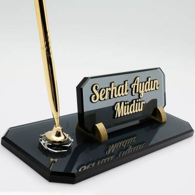 Kabartma Kristal Masa İsimliği Kalemli Dikdörtgen Füme Kristal Cam Ofis Masa İsimlik - 2
