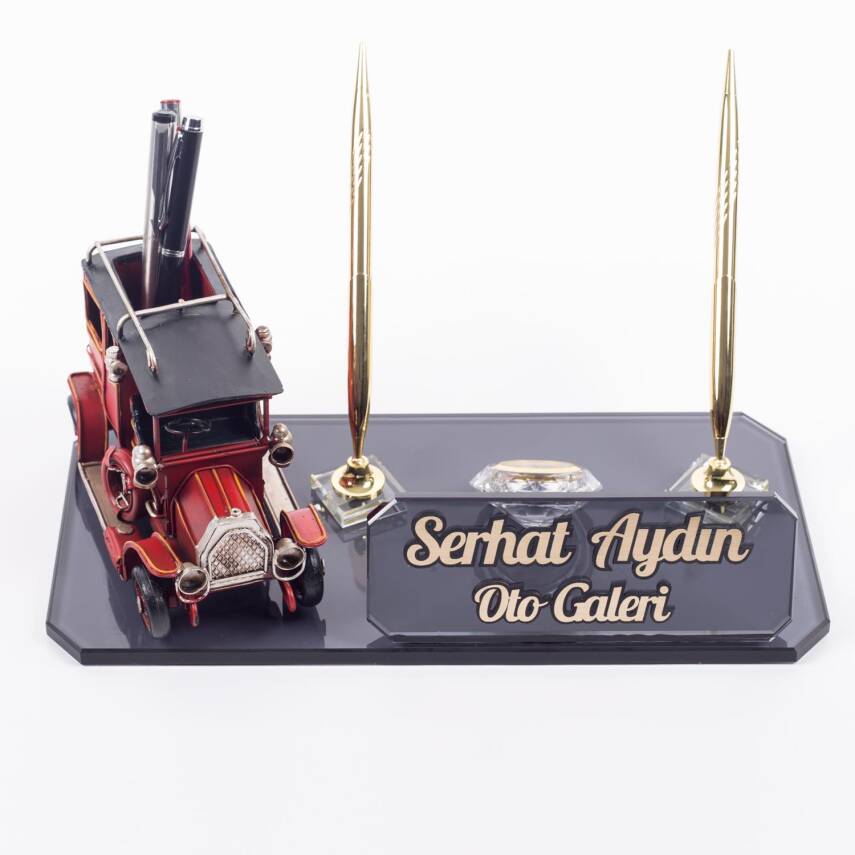 Kalemlikli Klasik Otomobil Biblolu Masa İsimliği Kristal Masa İsimlik Nostalji Araba Ofis Hediyesi - 2