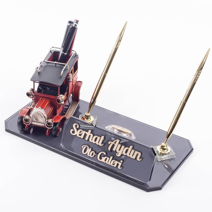 Kalemlikli Klasik Otomobil Biblolu Masa İsimliği Kristal Masa İsimlik Nostalji Araba Ofis Hediyesi - 3