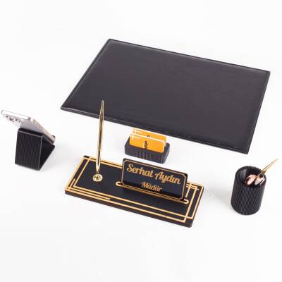 Kalista 5 Parça Siyah Deri Sümen Takımı Gold Renk İsme Özel Ofis Masa İsimliği Masaüstü İsimlik Seti - Ofistike