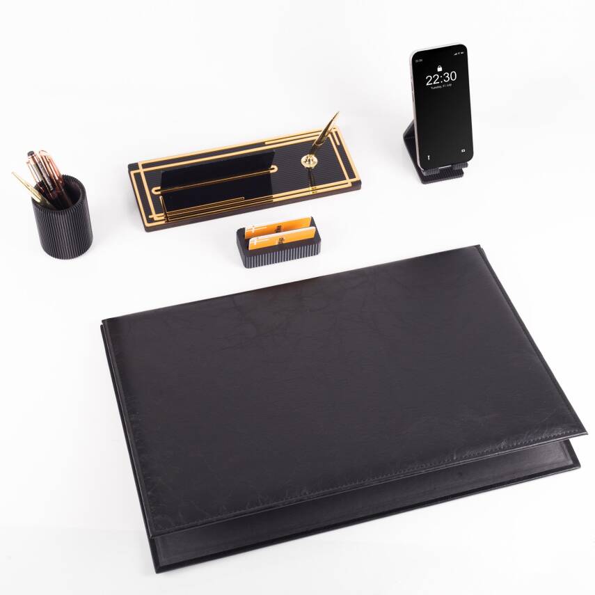 Kalista 5 Parça Siyah Deri Sümen Takımı Gold Renk İsme Özel Ofis Masa İsimliği Masaüstü İsimlik Seti - 2