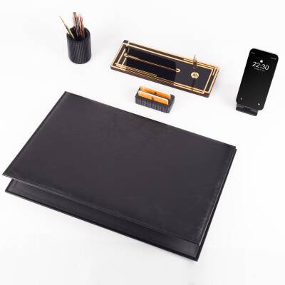 Kalista 5 Parça Siyah Deri Sümen Takımı Gold Renk İsme Özel Ofis Masa İsimliği Masaüstü İsimlik Seti - 3