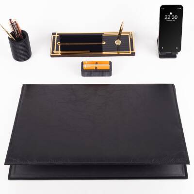 Kalista 5 Parça Siyah Deri Sümen Takımı Gold Renk İsme Özel Ofis Masa İsimliği Masaüstü İsimlik Seti - 4