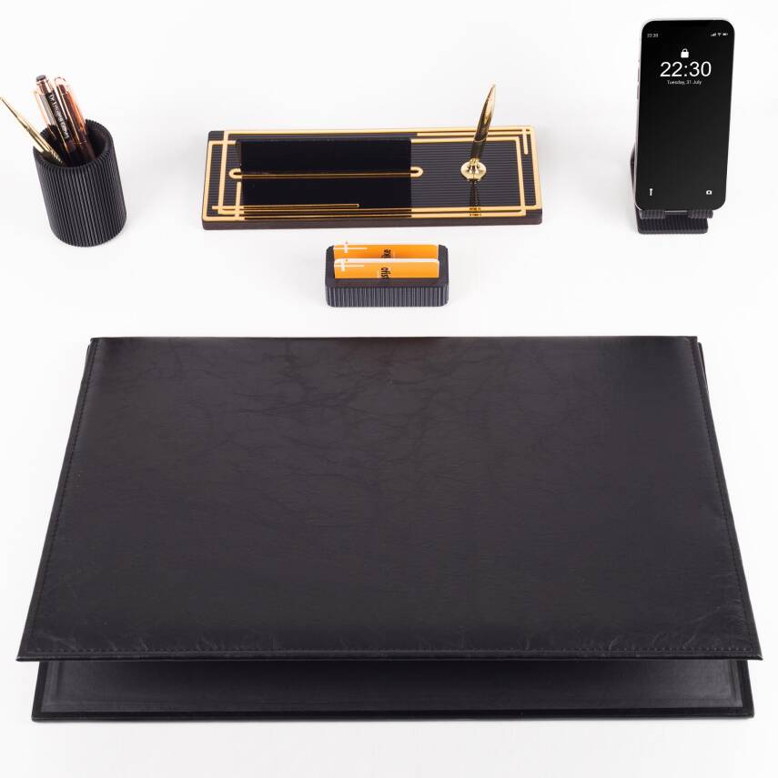Kalista 5 Parça Siyah Deri Sümen Takımı Gold Renk İsme Özel Ofis Masa İsimliği Masaüstü İsimlik Seti - 4