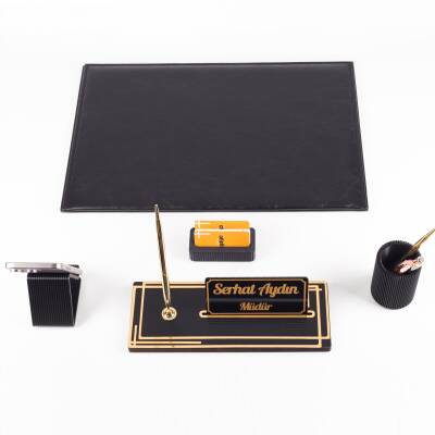 Kalista 5 Parça Siyah Deri Sümen Takımı Gold Renk İsme Özel Ofis Masa İsimliği Masaüstü İsimlik Seti - 5