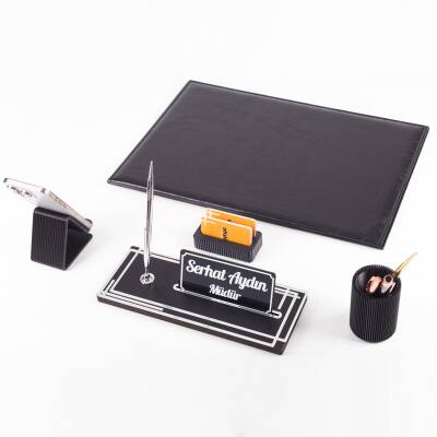 Kalista 5 Parça Siyah Deri Sümen Takımı Gümüş Renk İsme Özel Ofis Masa İsimliği Masaüstü İsimlik Set 