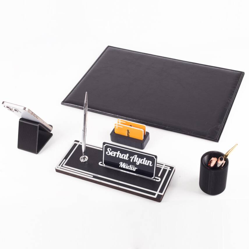 Kalista 5 Parça Siyah Deri Sümen Takımı Gümüş Renk İsme Özel Ofis Masa İsimliği Masaüstü İsimlik Set - 1