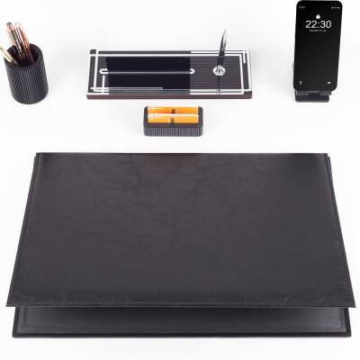 Kalista 5 Parça Siyah Deri Sümen Takımı Gümüş Renk İsme Özel Ofis Masa İsimliği Masaüstü İsimlik Set - 2