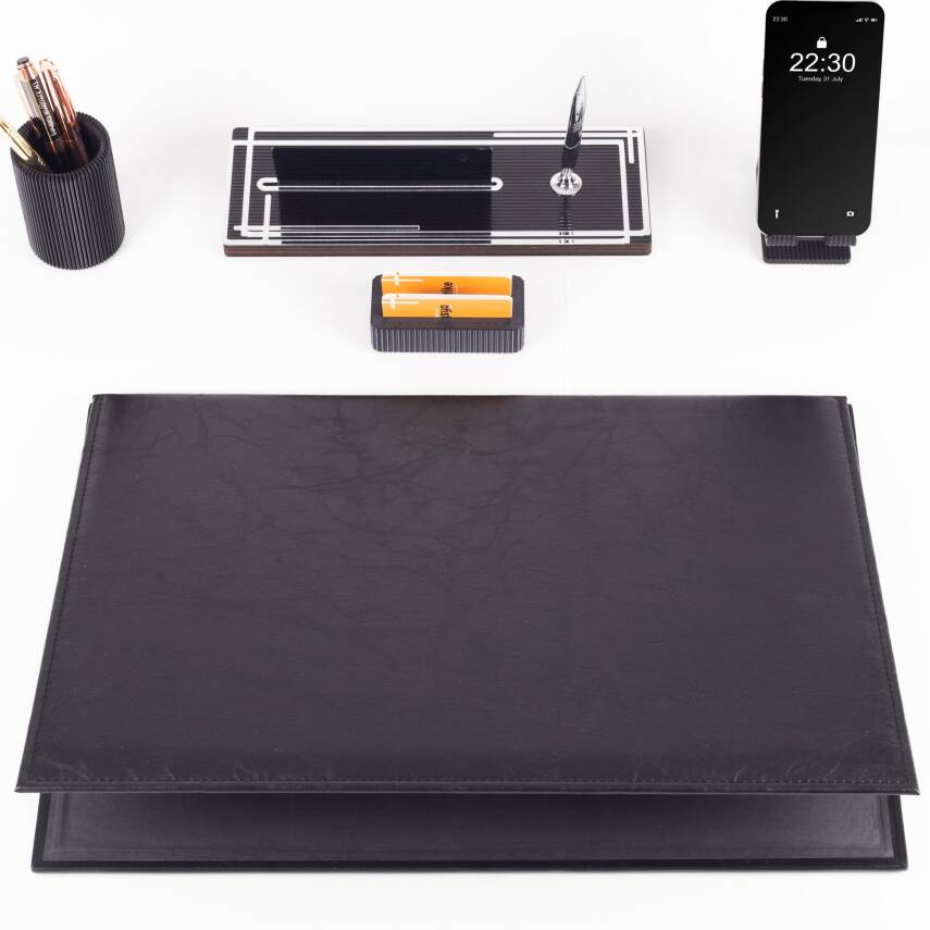 Kalista 5 Parça Siyah Deri Sümen Takımı Gümüş Renk İsme Özel Ofis Masa İsimliği Masaüstü İsimlik Set - 2