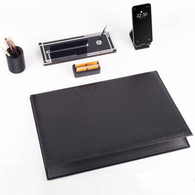 Kalista 5 Parça Siyah Deri Sümen Takımı Gümüş Renk İsme Özel Ofis Masa İsimliği Masaüstü İsimlik Set - 3