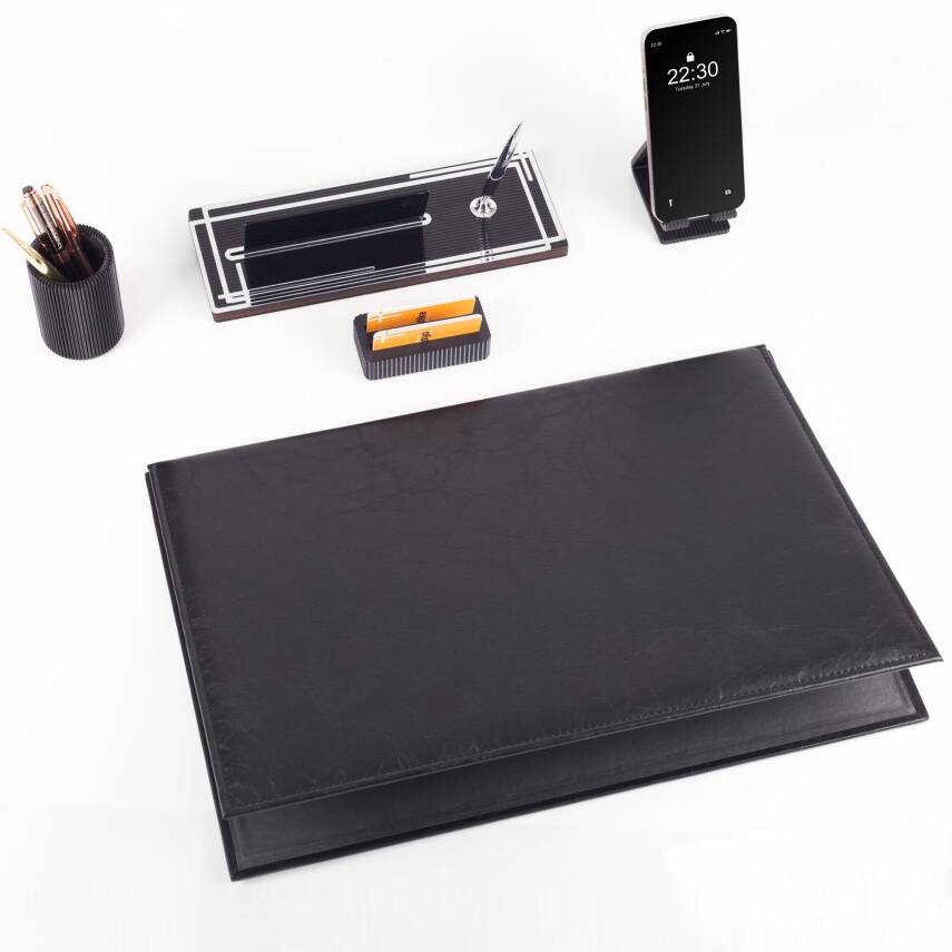 Kalista 5 Parça Siyah Deri Sümen Takımı Gümüş Renk İsme Özel Ofis Masa İsimliği Masaüstü İsimlik Set - 3