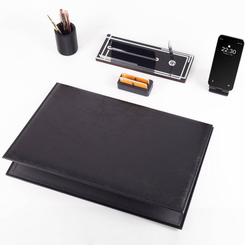 Kalista 5 Parça Siyah Deri Sümen Takımı Gümüş Renk İsme Özel Ofis Masa İsimliği Masaüstü İsimlik Set - 4