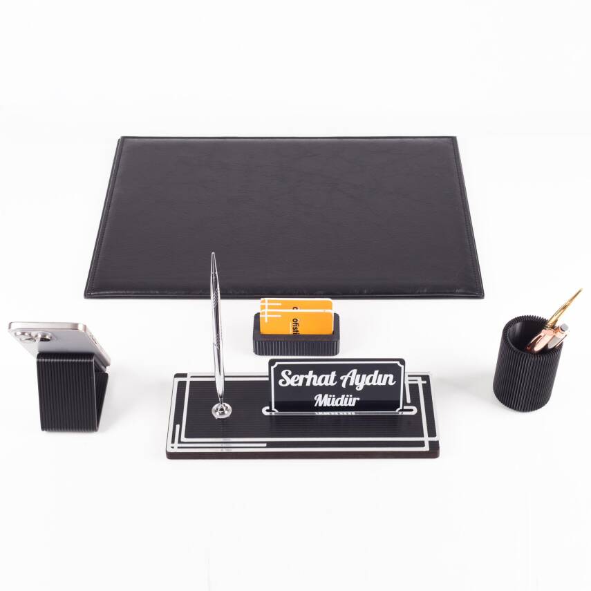 Kalista 5 Parça Siyah Deri Sümen Takımı Gümüş Renk İsme Özel Ofis Masa İsimliği Masaüstü İsimlik Set - 5