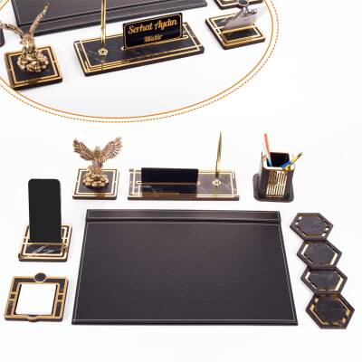 Kartal Biblolu Altın Deri Sümen Takımı Mermer Desen Ahşap İsme Özel Masa İsimliği Masaüstü İsimlik - Ofistike