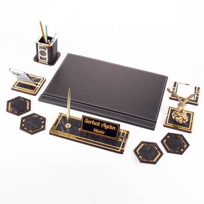 Kartal Biblolu Altın Deri Sümen Takımı Mermer Desen Ahşap İsme Özel Masa İsimliği Masaüstü İsimlik - 2