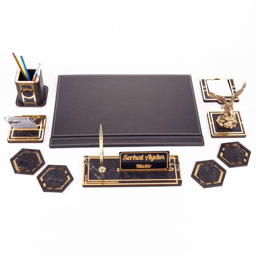 Kartal Biblolu Altın Deri Sümen Takımı Mermer Desen Ahşap İsme Özel Masa İsimliği Masaüstü İsimlik - 4