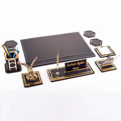 Kartal Biblolu Altın Deri Sümen Takımı Mermer Desen Ahşap İsme Özel Masa İsimliği Masaüstü İsimlik - 5