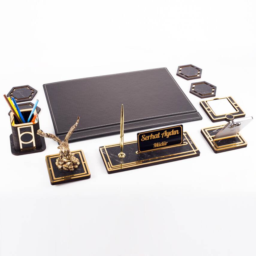 Kartal Biblolu Altın Deri Sümen Takımı Mermer Desen Ahşap İsme Özel Masa İsimliği Masaüstü İsimlik - 5