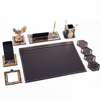 Kartal Biblolu Altın Deri Sümen Takımı Mermer Desen Ahşap İsme Özel Masa İsimliği Masaüstü İsimlik - 6