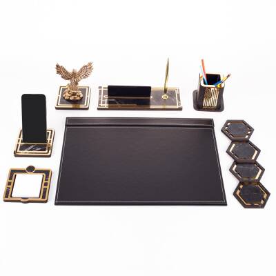 Kartal Biblolu Altın Deri Sümen Takımı Mermer Desen Ahşap İsme Özel Masa İsimliği Masaüstü İsimlik - 3