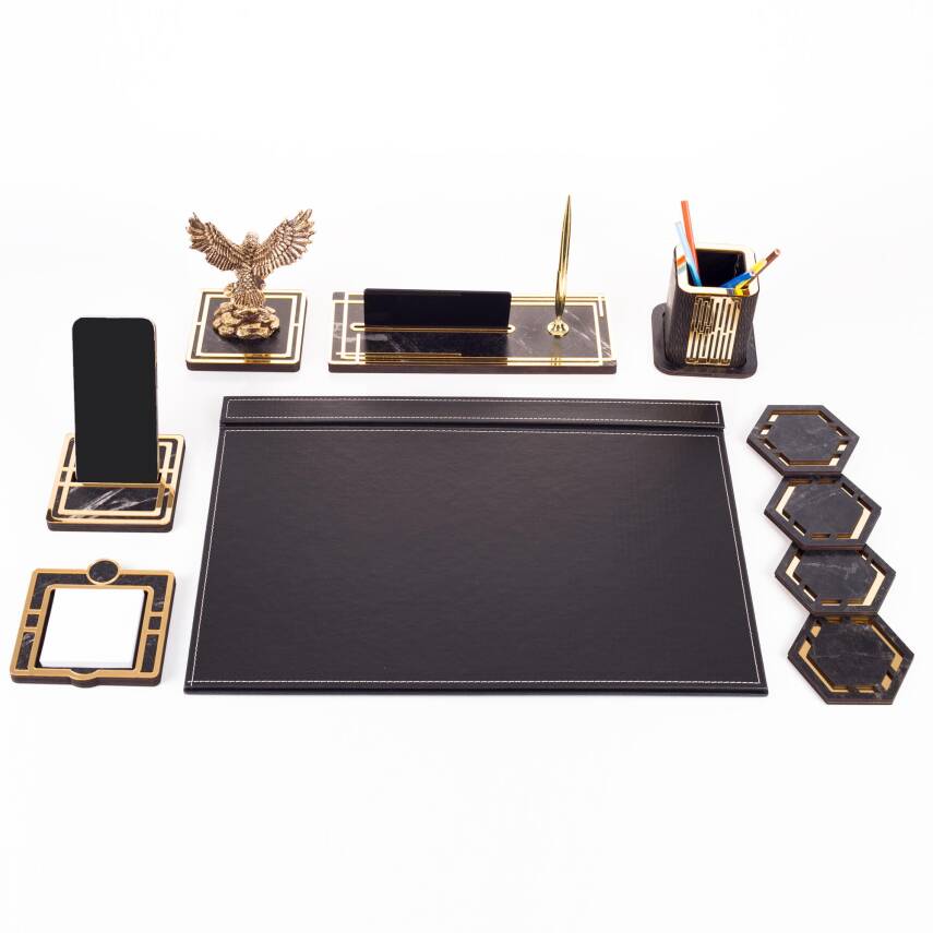 Kartal Biblolu Altın Deri Sümen Takımı Mermer Desen Ahşap İsme Özel Masa İsimliği Masaüstü İsimlik - 3