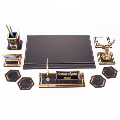 Kartal Biblolu Altın Deri Sümen Takımı Mermer Desen Ahşap İsme Özel Masa İsimliği Masaüstü İsimlik - 4