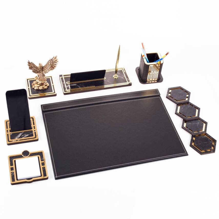 Kartal Biblolu Altın Deri Sümen Takımı Mermer Desen Ahşap İsme Özel Masa İsimliği Masaüstü İsimlik - 6