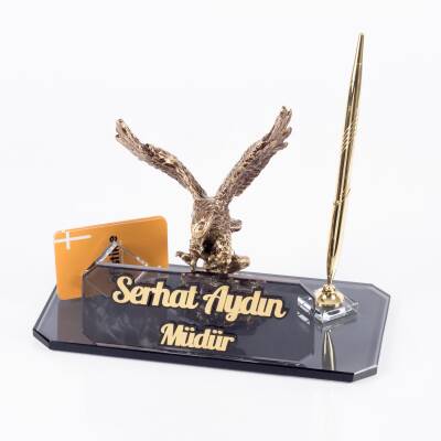 Kartal Biblolu Kristal Masa İsimliği Altın Renk Kristal Masaüstü İsimlik Yeni İş Ofis Hediyesi 