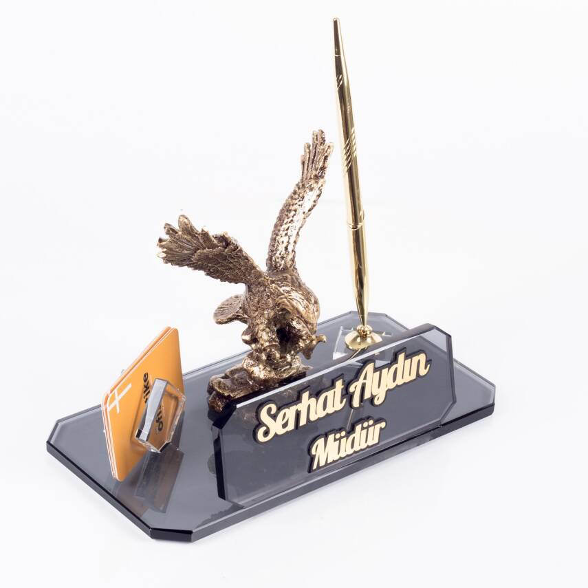 Kartal Biblolu Kristal Masa İsimliği Altın Renk Kristal Masaüstü İsimlik Yeni İş Ofis Hediyesi - 3