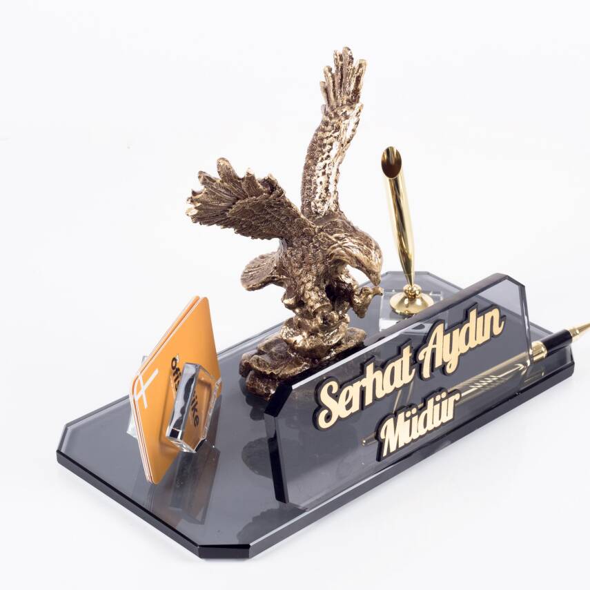 Kartal Biblolu Kristal Masa İsimliği Altın Renk Kristal Masaüstü İsimlik Yeni İş Ofis Hediyesi - 5