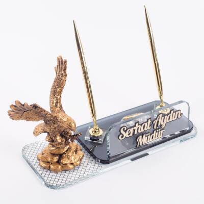 Kartal Heykeli Biblosu Masa İsimliği UV Desenli Kristal Ofis Masa üstü İsimlik - Ofistike