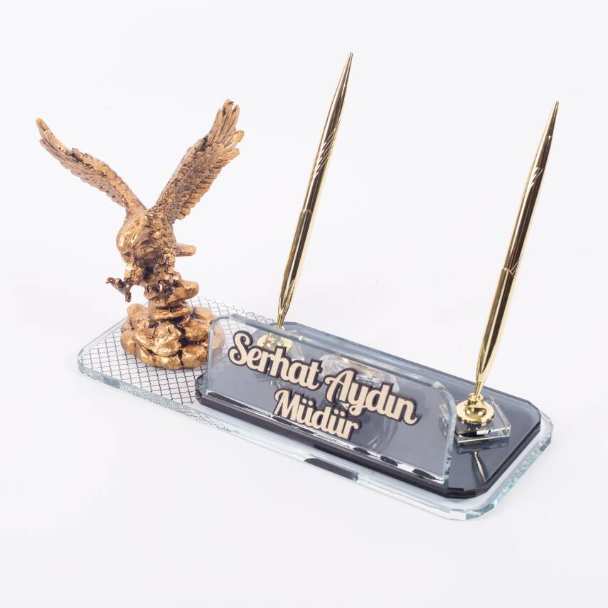 Kartal Heykeli Biblosu Masa İsimliği UV Desenli Kristal Ofis Masa üstü İsimlik - 2