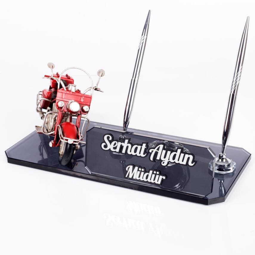 Kırmızı Klasik Motosiklet Biblolu Kristal Masa İsimliği Motorculara Özel Hediye Kalemlik - 2