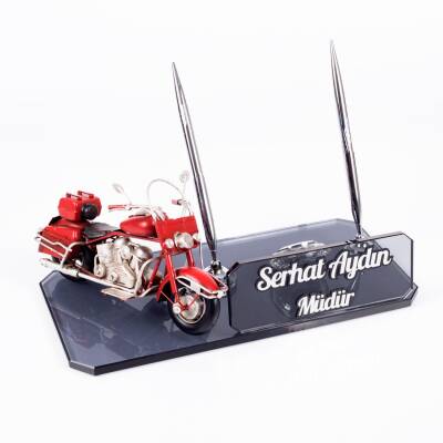 Kırmızı Klasik Motosiklet Biblolu Kristal Masa İsimliği Motorculara Özel Hediye Kalemlik - Ofistike