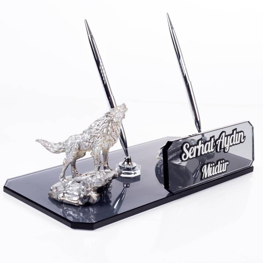 Kurt Biblolu Kristal Masa İsimliği Bozkurt Figürlü Hediye Kalemlik Uluyan Kurt Ülkücü Hediyesi - 1