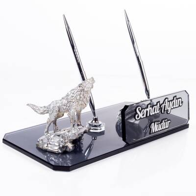 Kurt Biblolu Kristal Masa İsimliği Bozkurt Figürlü Hediye Kalemlik Uluyan Kurt Ülkücü Hediyesi - 1