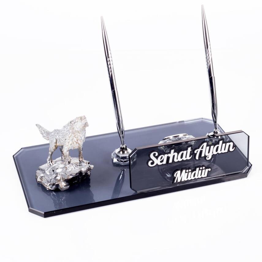 Kurt Biblolu Kristal Masa İsimliği Bozkurt Figürlü Hediye Kalemlik Uluyan Kurt Ülkücü Hediyesi - 2