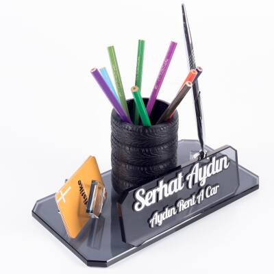 Lastik Figürlü Kalemlikli Kristal Masa İsimliği Masa İsimlik Yeni İş Ofis Otomotiv Sanayi Hediyesi - Ofistike