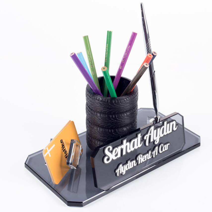 Lastik Figürlü Kalemlikli Kristal Masa İsimliği Masa İsimlik Yeni İş Ofis Otomotiv Sanayi Hediyesi - 1