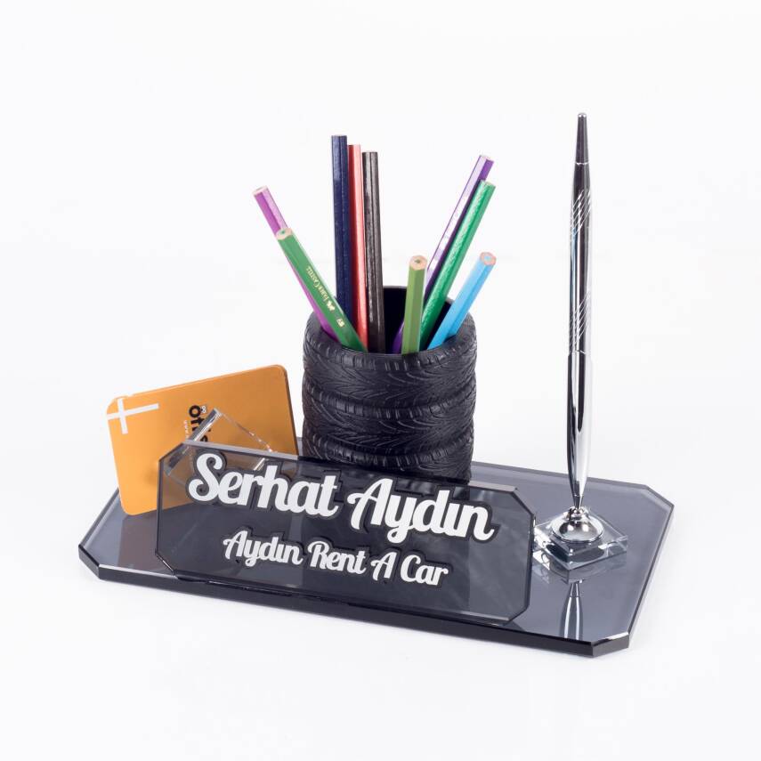 Lastik Figürlü Kalemlikli Kristal Masa İsimliği Masa İsimlik Yeni İş Ofis Otomotiv Sanayi Hediyesi - 3