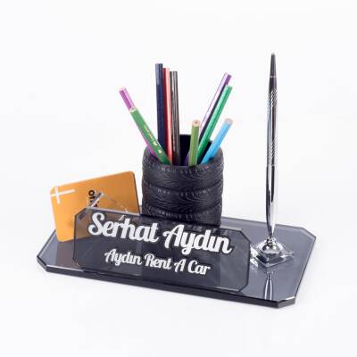 Lastik Figürlü Kalemlikli Kristal Masa İsimliği Masa İsimlik Yeni İş Ofis Otomotiv Sanayi Hediyesi - 3