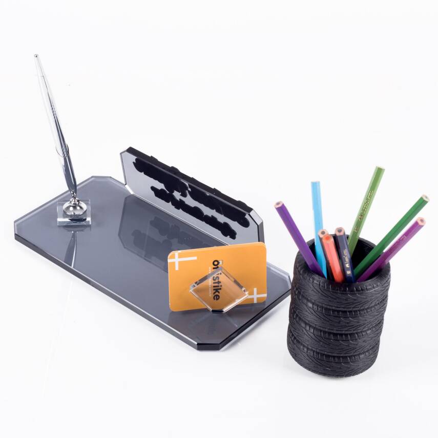 Lastik Figürlü Kalemlikli Kristal Masa İsimliği Masa İsimlik Yeni İş Ofis Otomotiv Sanayi Hediyesi - 5