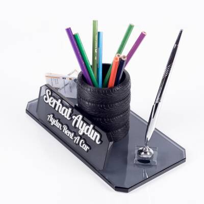 Lastik Figürlü Kalemlikli Kristal Masa İsimliği Masa İsimlik Yeni İş Ofis Otomotiv Sanayi Hediyesi - 6