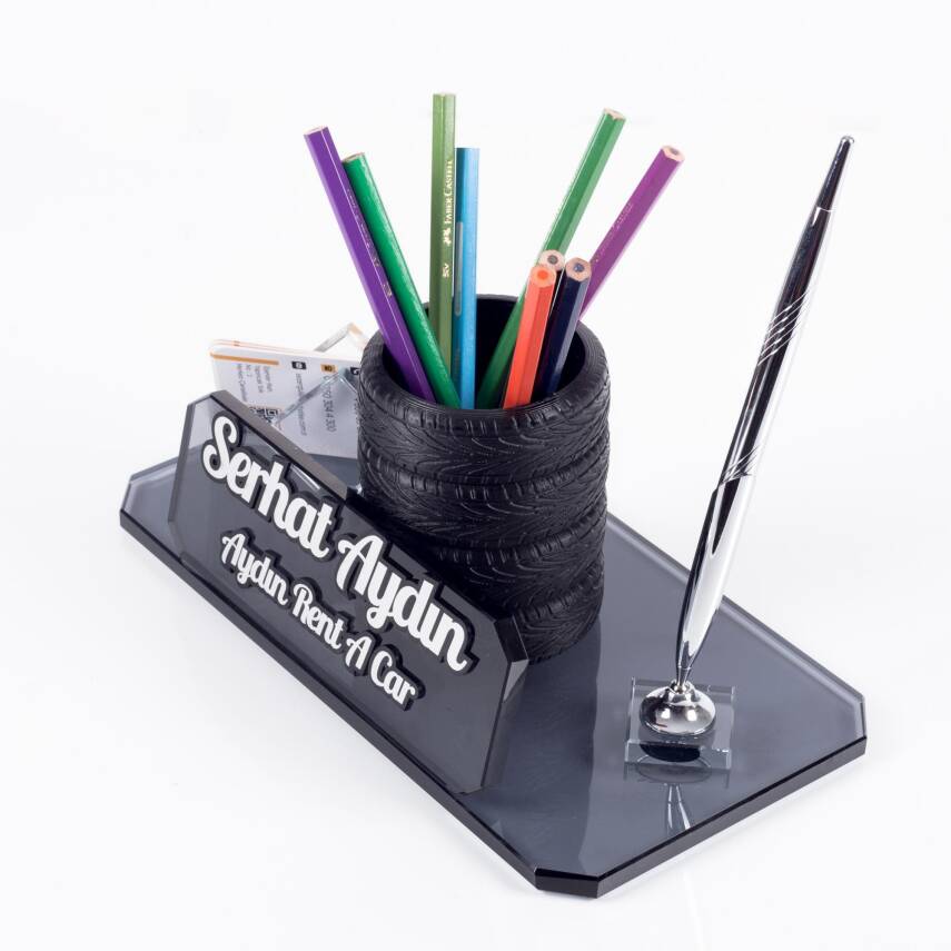 Lastik Figürlü Kalemlikli Kristal Masa İsimliği Masa İsimlik Yeni İş Ofis Otomotiv Sanayi Hediyesi - 6