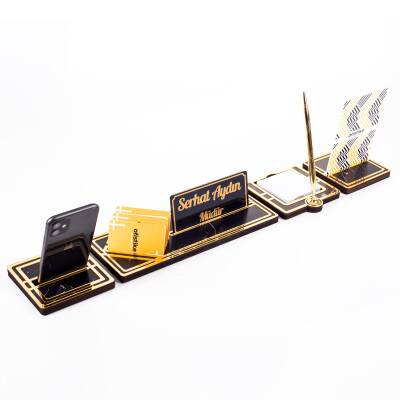 Lunar Gold Kalemli Ahşap Masa İsimliği Akrilik Notluklu Mermer Desenli Hediye Masa Seti Ofis İsimlik - 2