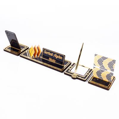 Lunar Gold Kalemli Ahşap Masa İsimliği Akrilik Notluklu Mermer Desenli Hediye Masa Seti Ofis İsimlik - 3